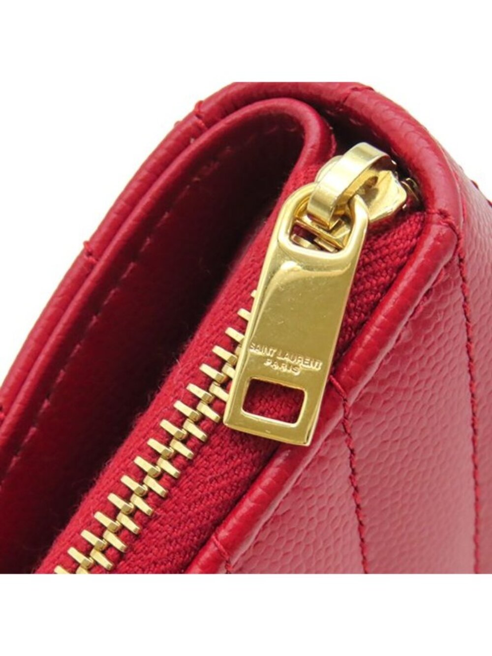 Saint Laurent Bifold Wallet Cassandra Stitch Compact Zip Leather Red Gold - Picture 6 of 13